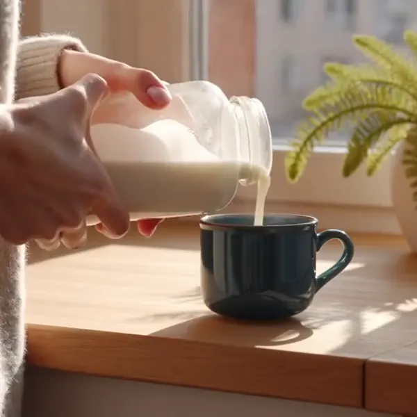 Hand giesst Hafermilch in eine Tasse am Küchenfenster