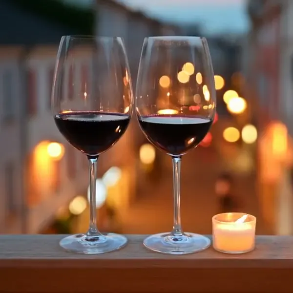 Zwei Gläser Rotwein und eine Kerze auf einem Balkon am Abend